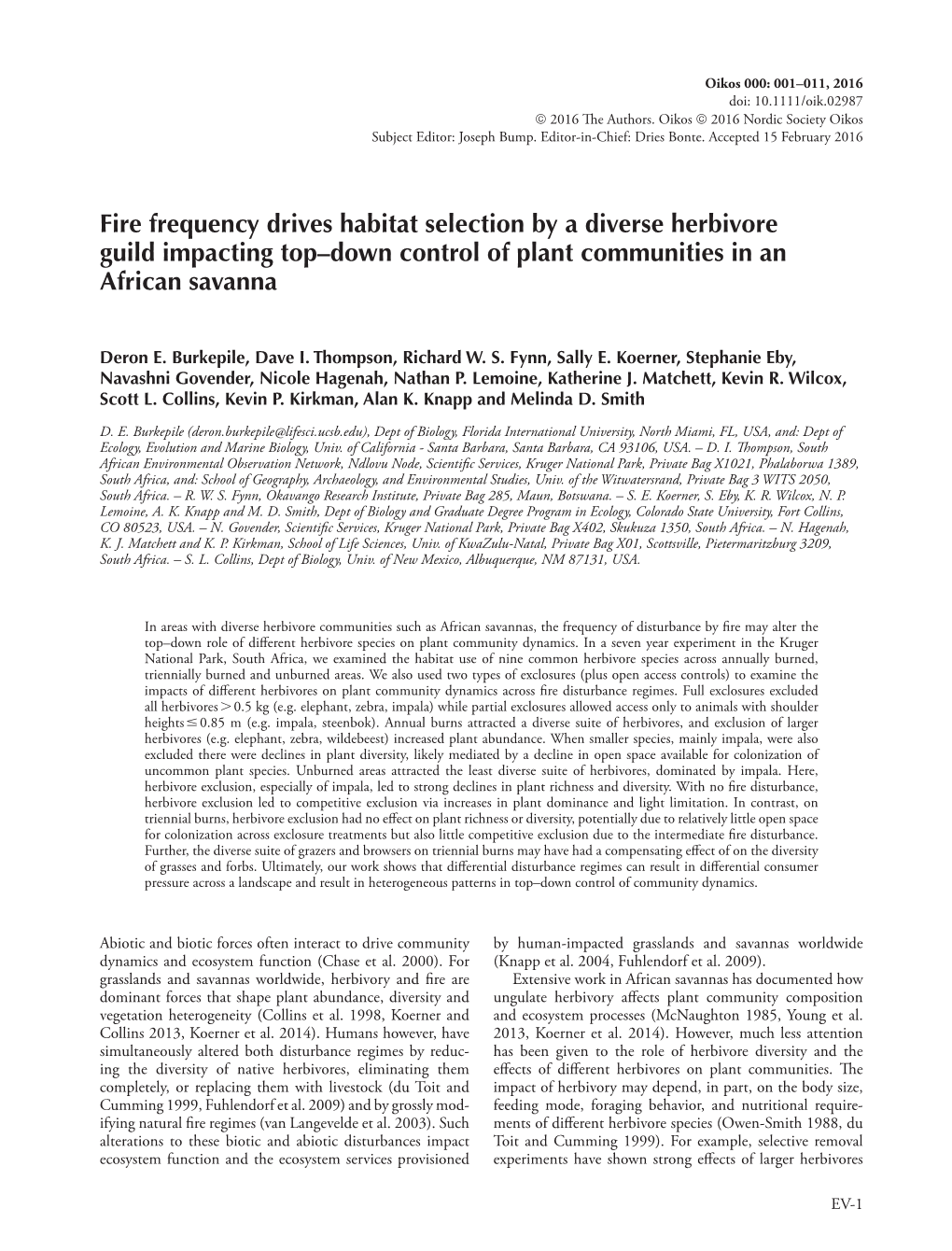 Fire Frequency Drives Habitat Selection by a Diverse Herbivore Guild Impacting Top – Down Control of Plant Communities in an African Savanna