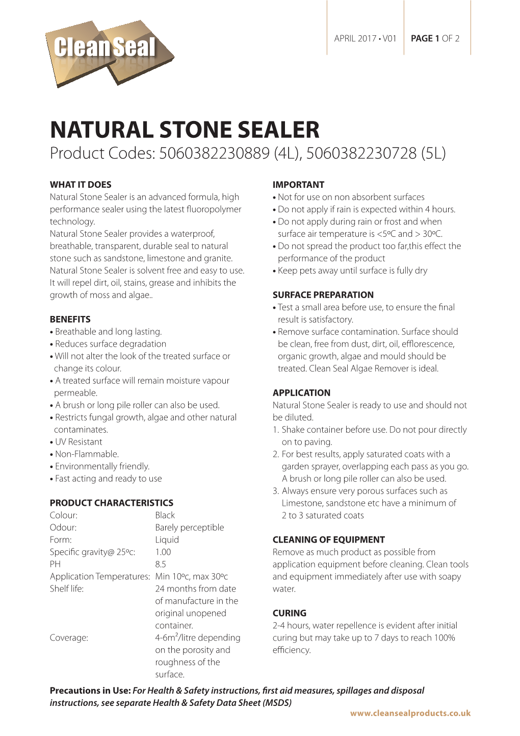 NATURAL STONE SEALER Product Codes: 5060382230889 (4L), 5060382230728 (5L)