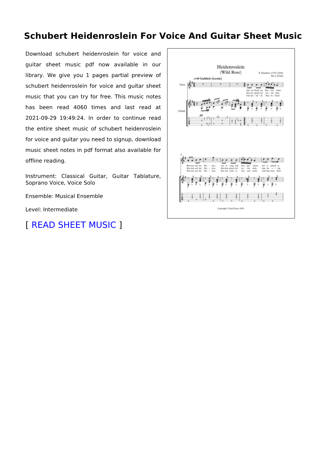 Schubert Heidenroslein for Voice and Guitar Sheet Music