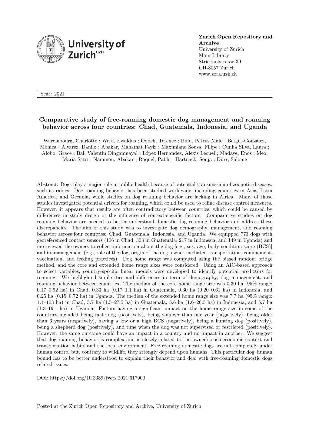 Comparative Study of Free-Roaming Domestic Dog Management and Roaming Behavior Across Four Countries: Chad, Guatemala, Indonesia, and Uganda