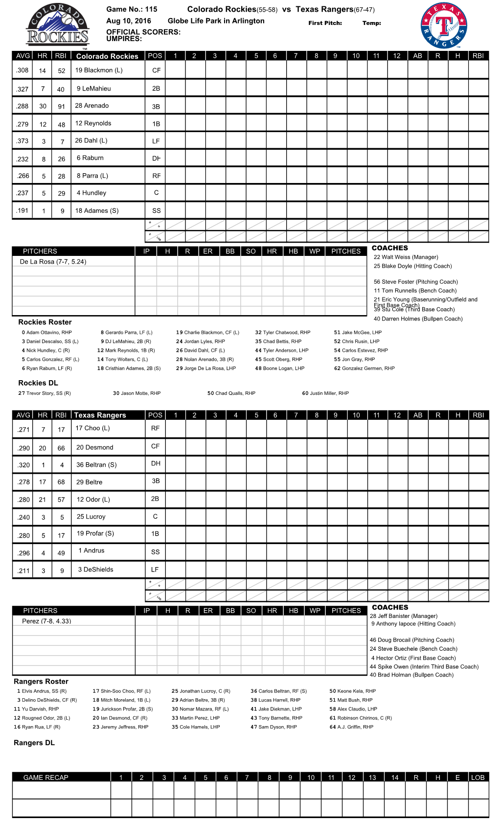 Colorado Rockies(55-58) Vs Texas Rangers(67-47)