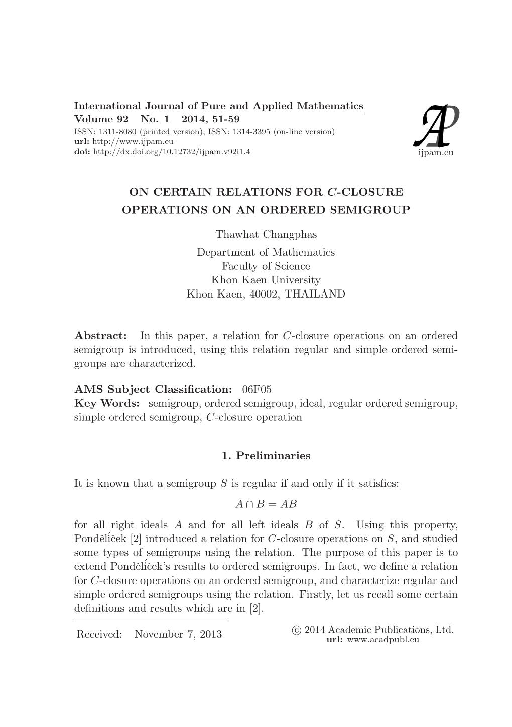 On Certain Relations for C-Closure Operations on an Ordered Semigroup