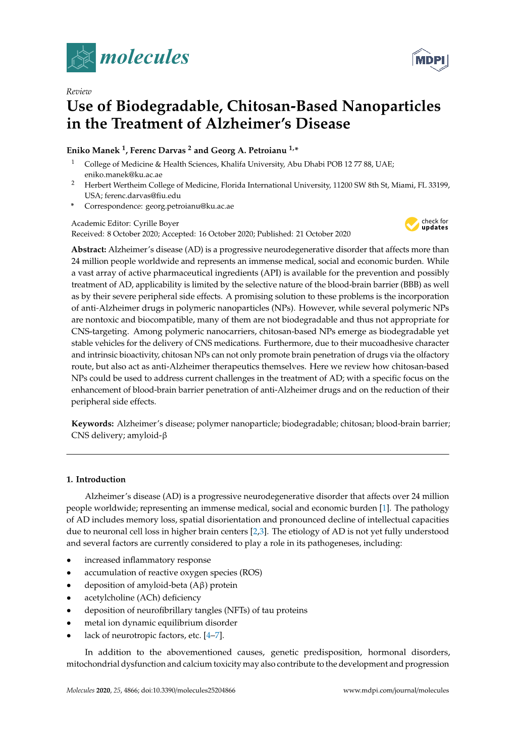 Use of Biodegradable, Chitosan-Based Nanoparticles in the Treatment of Alzheimer’S Disease