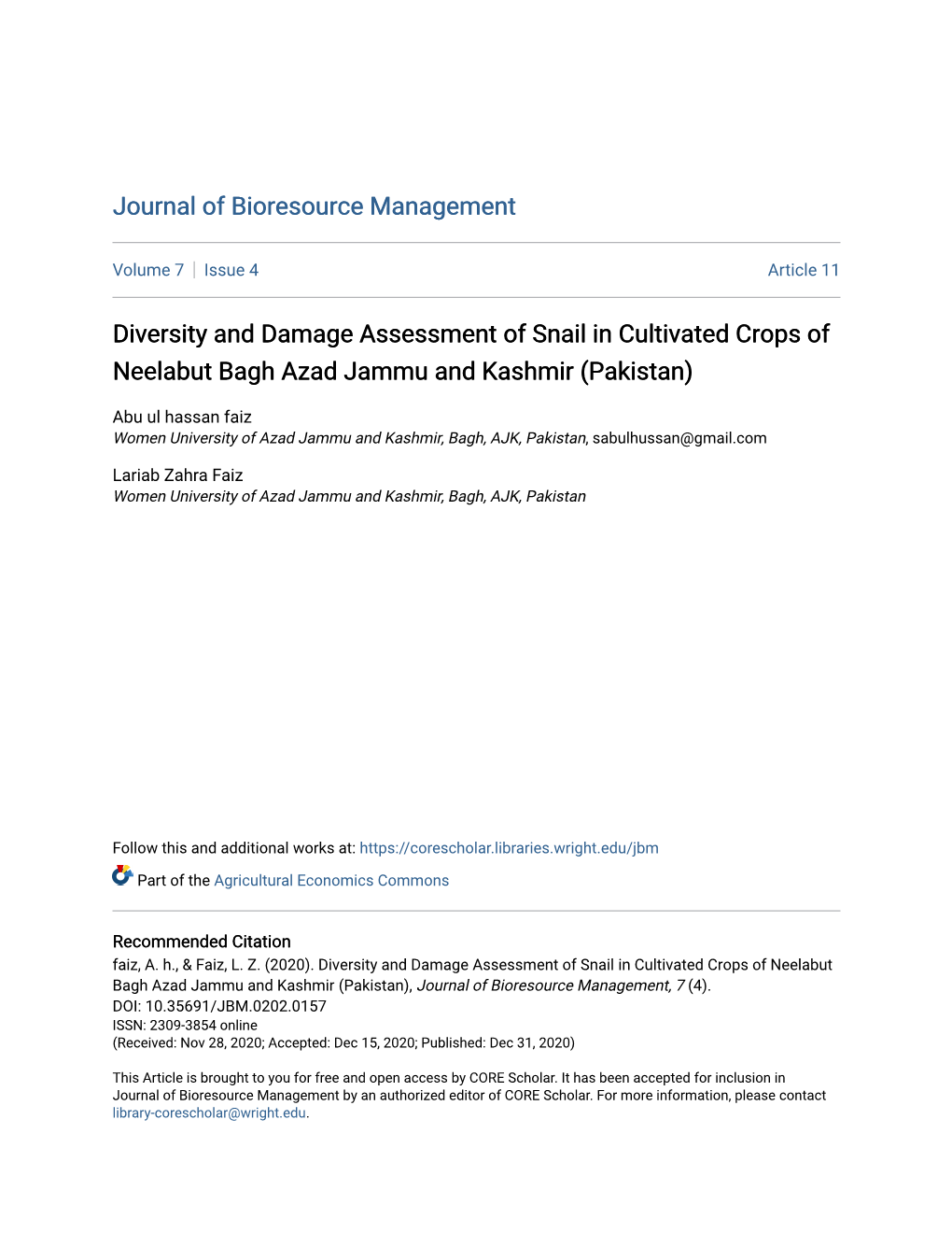 Diversity and Damage Assessment of Snail in Cultivated Crops of Neelabut Bagh Azad Jammu and Kashmir (Pakistan)