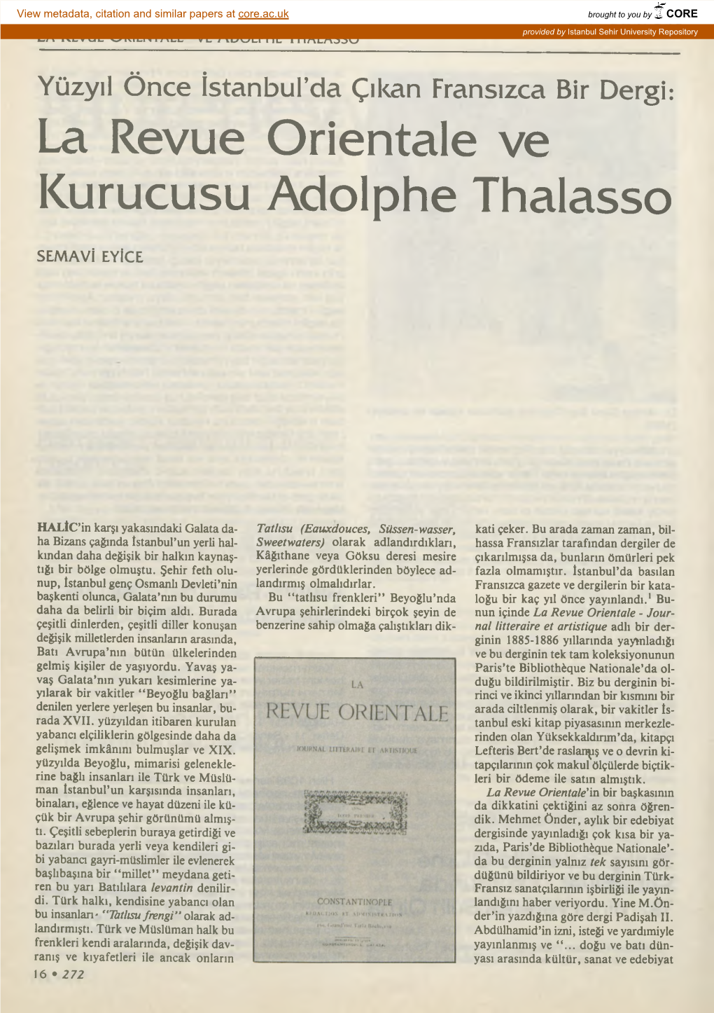 La Revue Orientale Ve Kurucusu Adolphe Thalasso