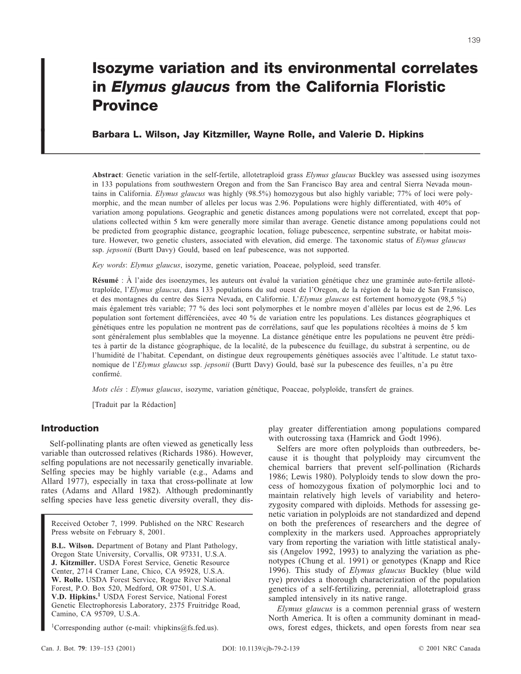 Isozyme Variation and Its Environmental Correlates in Elymus Glaucus from the California Floristic Province
