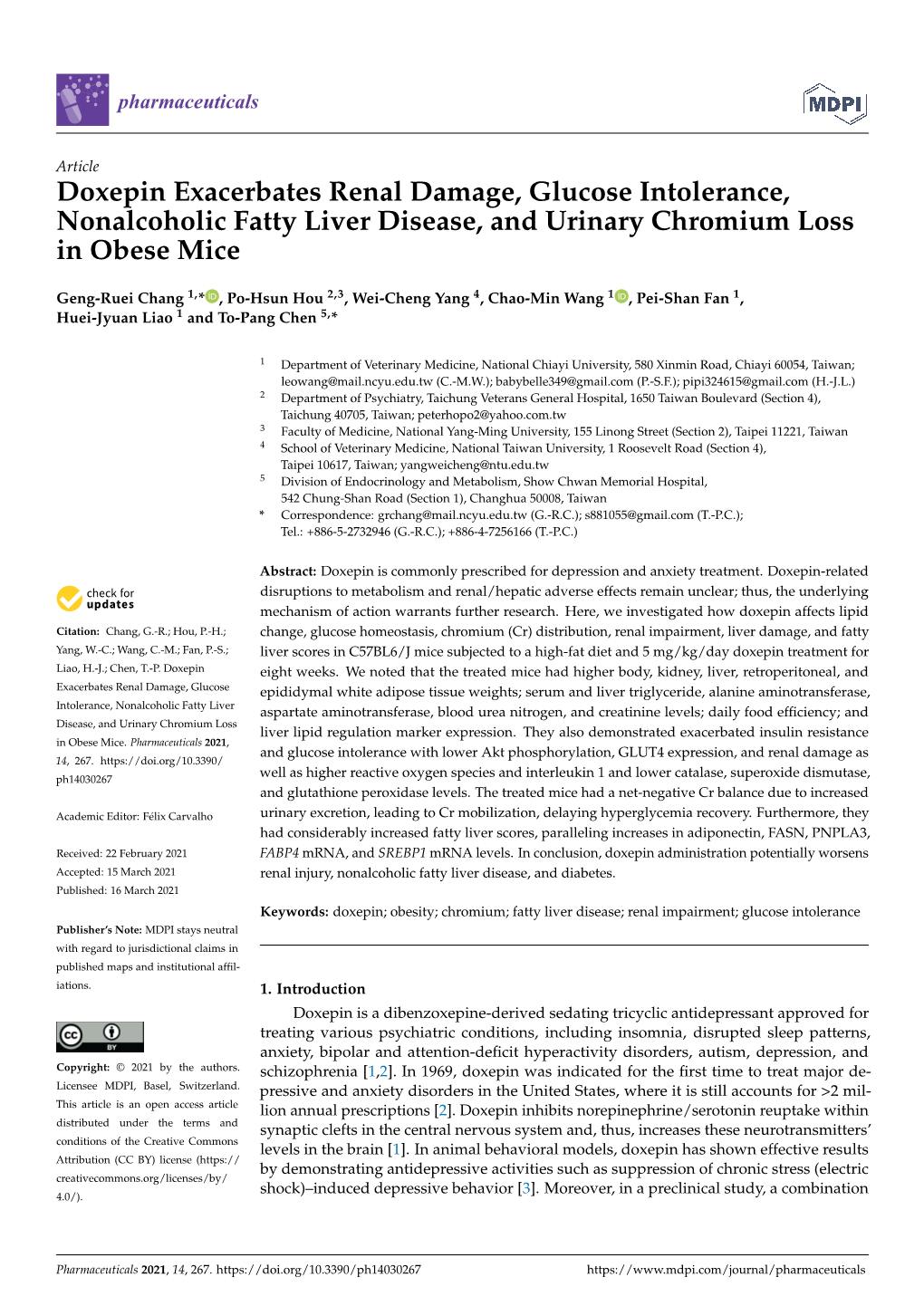 Doxepin Exacerbates Renal Damage, Glucose Intolerance, Nonalcoholic Fatty Liver Disease, and Urinary Chromium Loss in Obese Mice