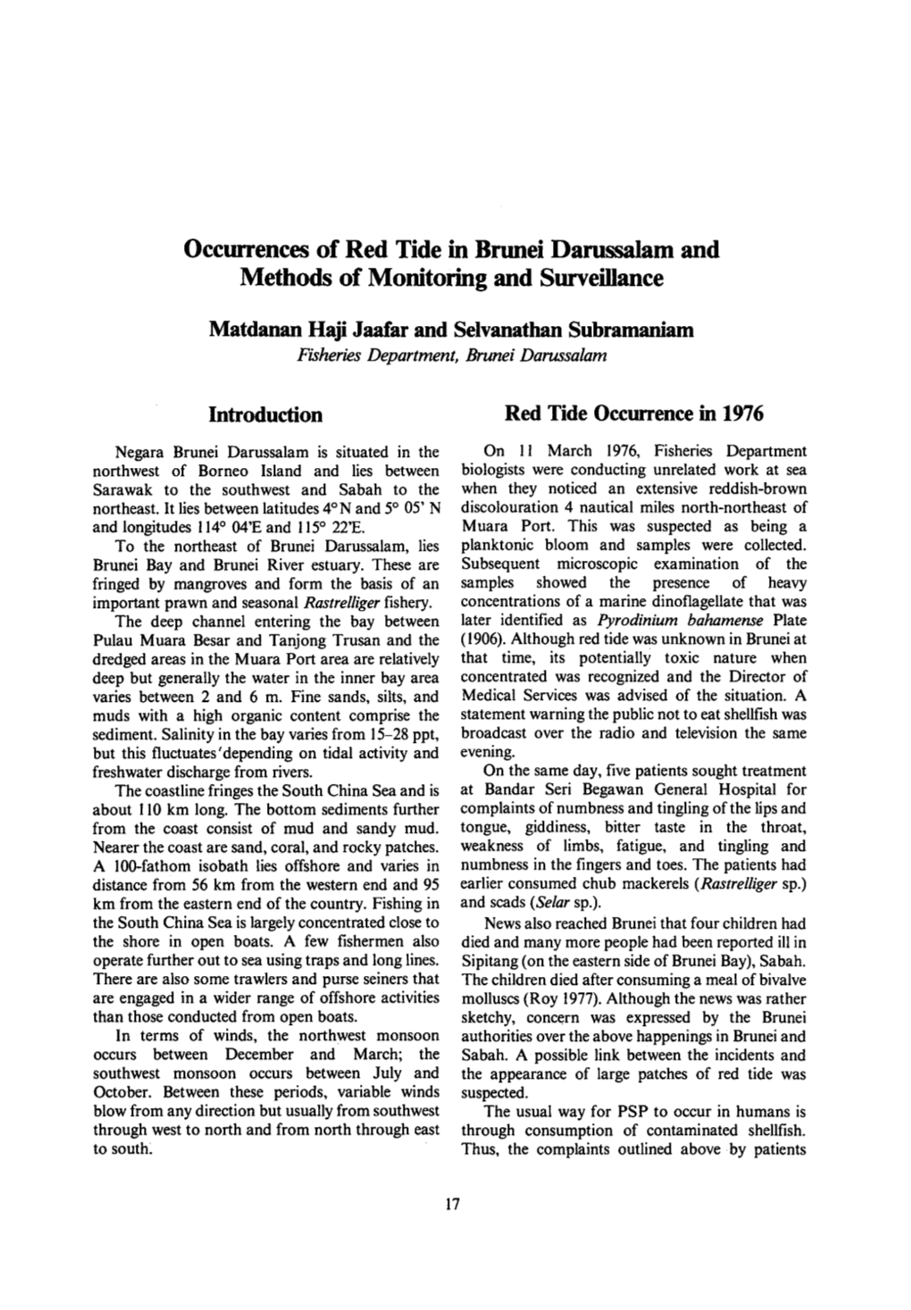 Occurrences of Red Tide in Brunei Darussalam and Methods of Monitoring and Surveillance