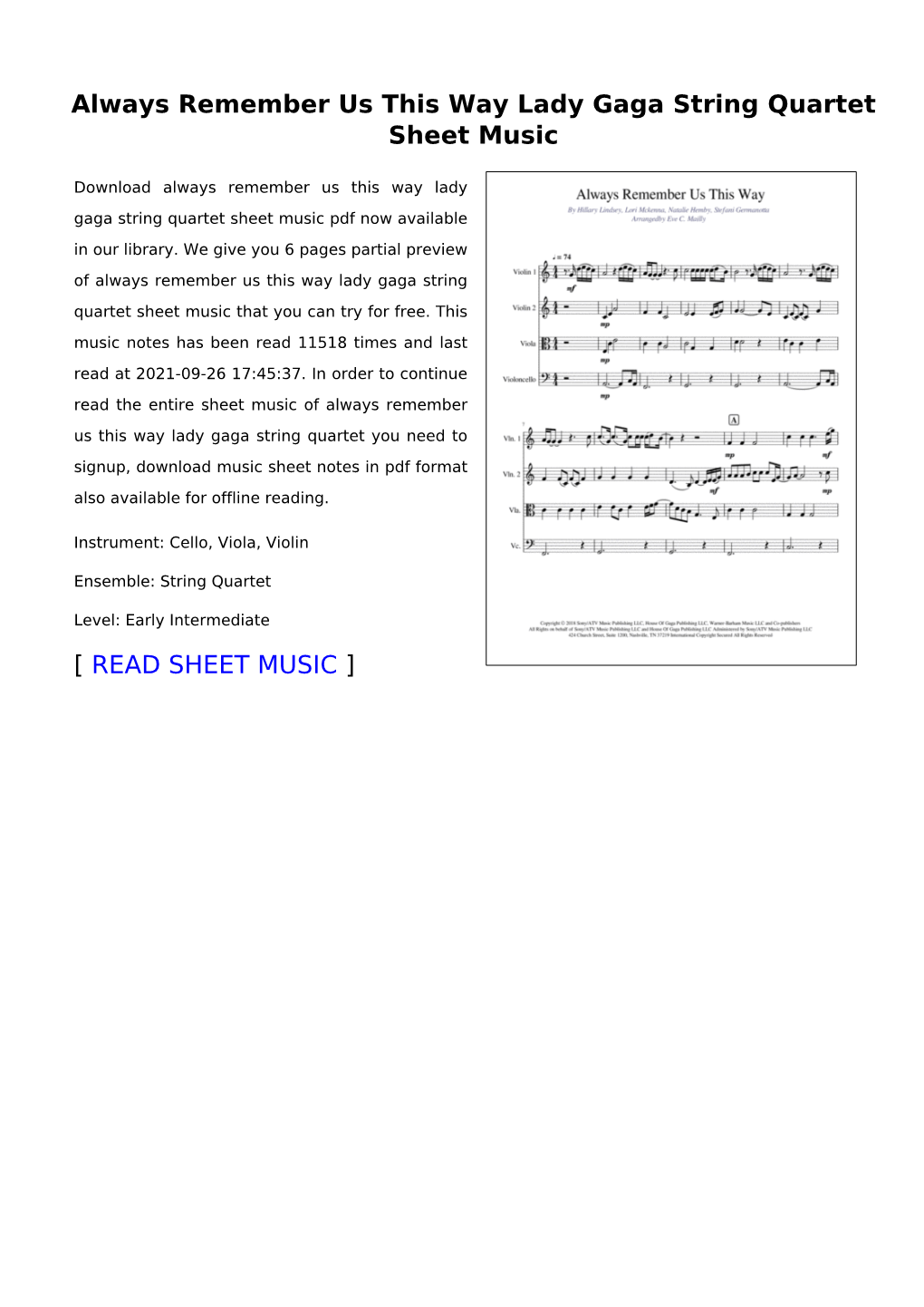 Always Remember Us This Way Lady Gaga String Quartet Sheet Music