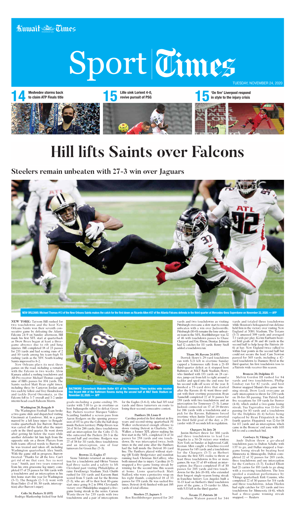 Hill Lifts Saints Over Falcons Steelers Remain Unbeaten with 27-3 Win Over Jaguars