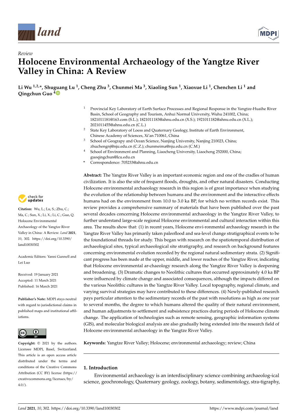 Holocene Environmental Archaeology of the Yangtze River Valley in China: a Review