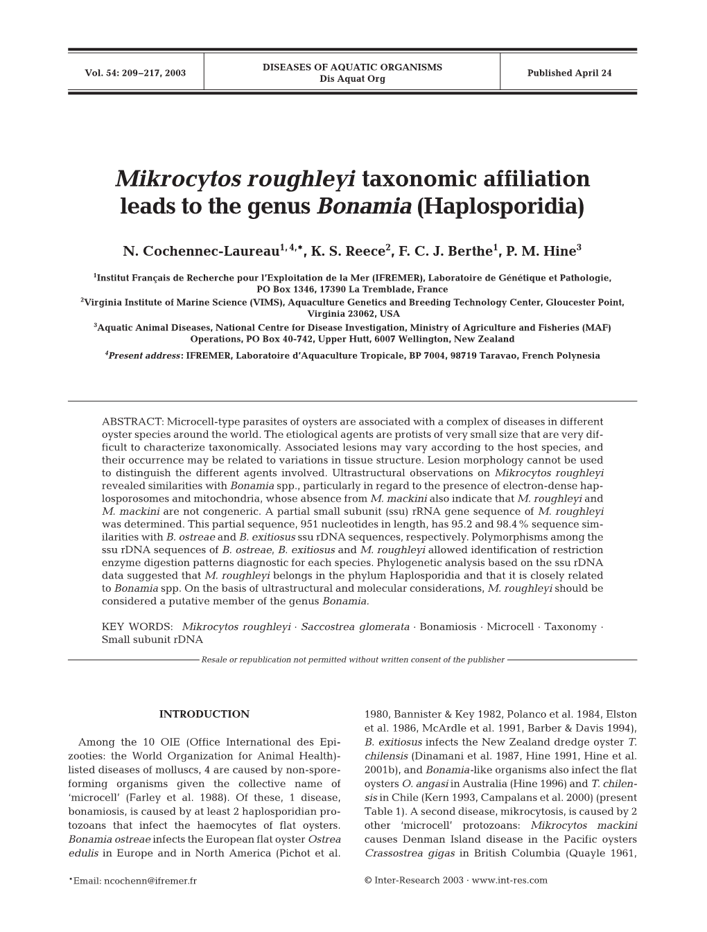 Mikrocytos Roughleyi Taxonomic Affiliation Leads to the Genus Bonamia (Haplosporidia)