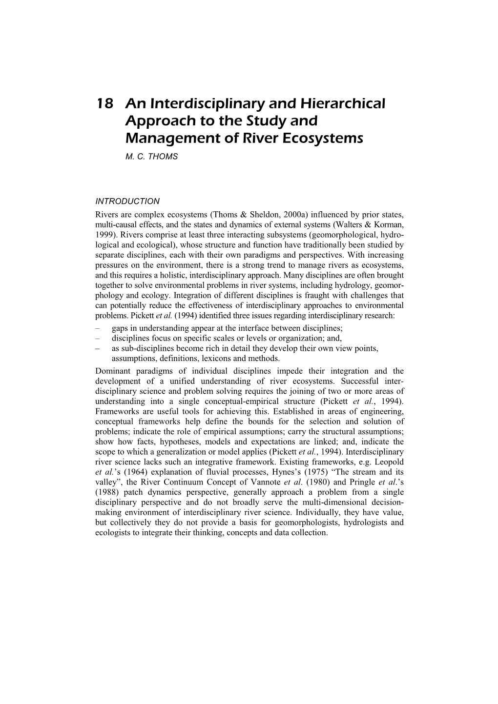 18 an Interdisciplinary and Hierarchical Approach to the Study and Management of River Ecosystems M