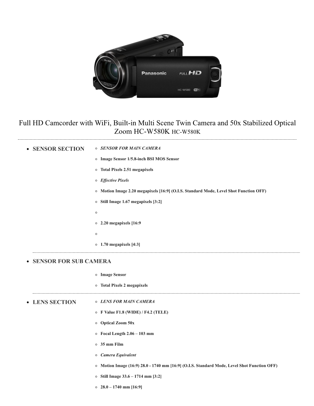 Full HD Camcorder with Wifi, Built-In Multi Scene Twin Camera and 50X Stabilized Optical Zoom HC-W580K HC-W580K