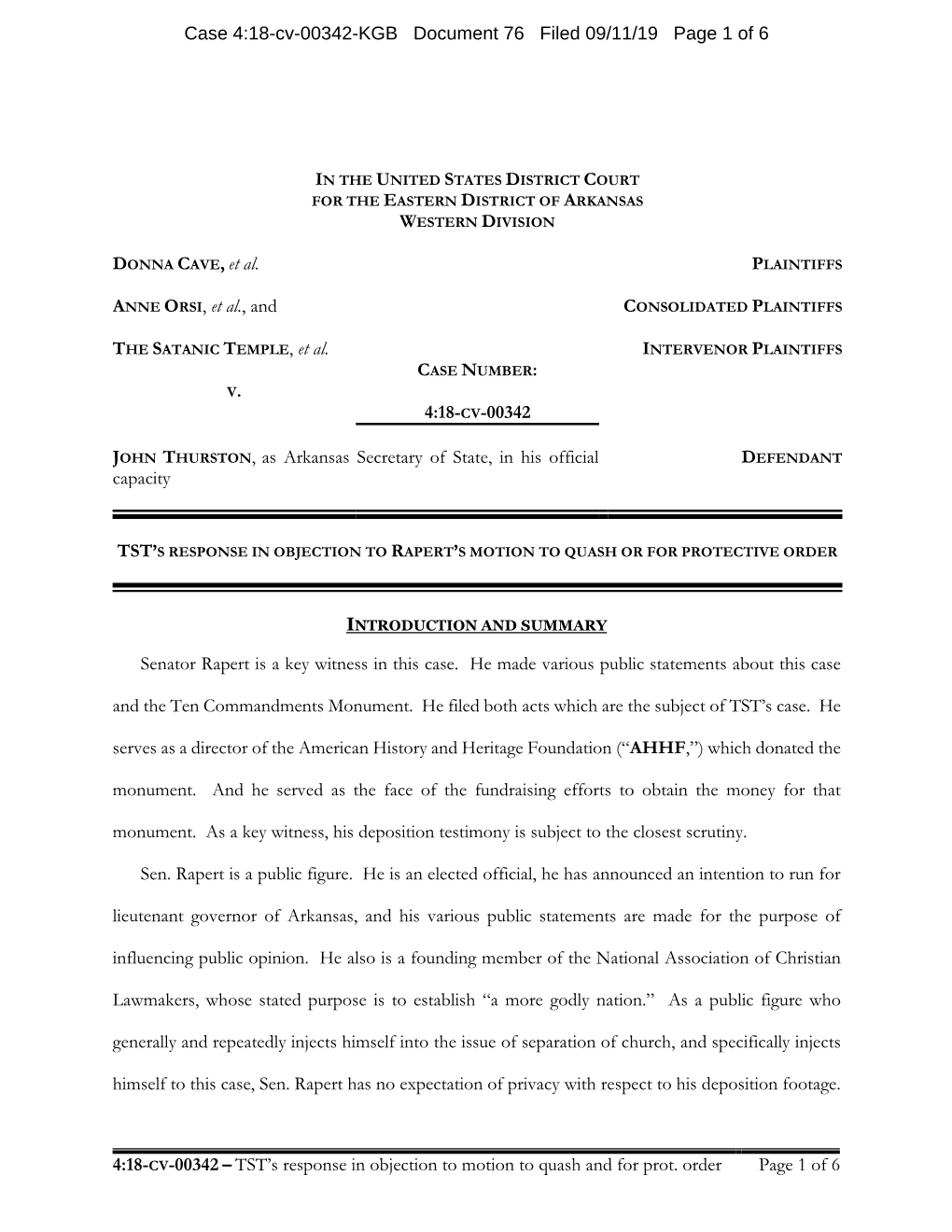 4:18-Cv-00342-KGB Document 76 Filed 09/11/19 Page 1 of 6