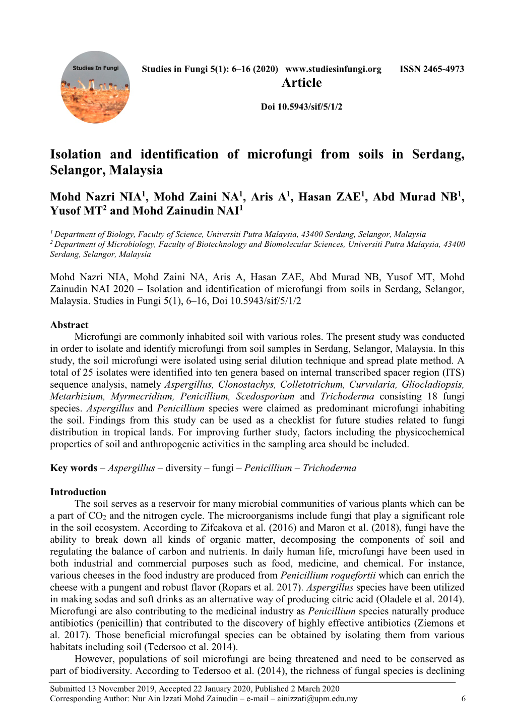 Isolation and Identification of Microfungi from Soils in Serdang, Selangor, Malaysia Article