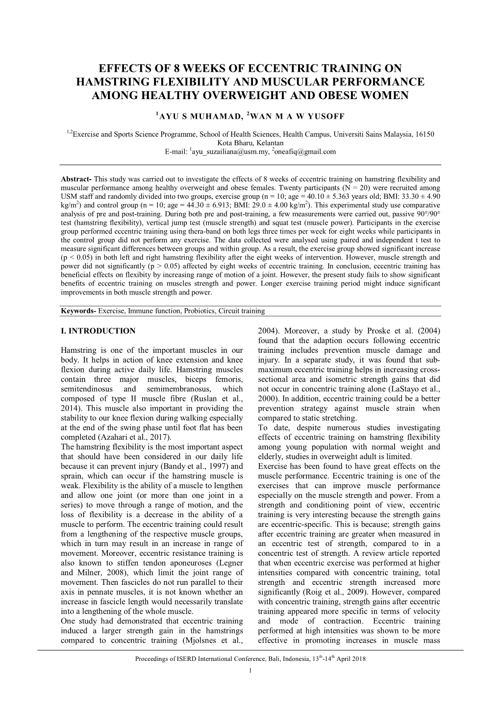 Effects of 8 Weeks of Eccentric Training on Hamstring Flexibility and Muscular Performance Among Healthy Overweight and Obese Women