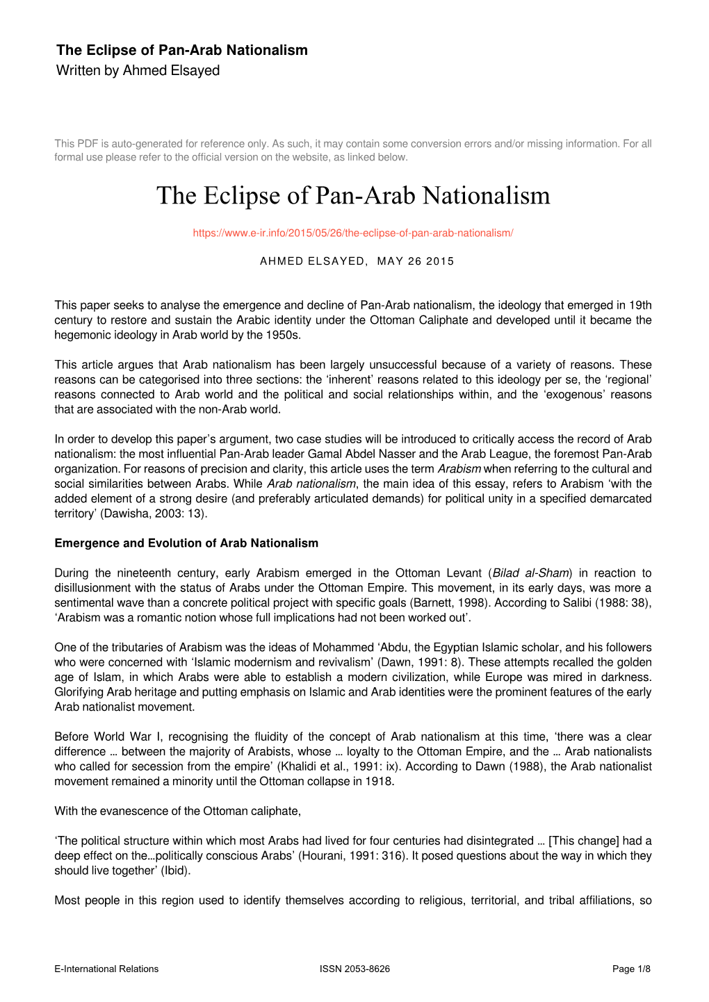 The Eclipse of Pan-Arab Nationalism Written by Ahmed Elsayed