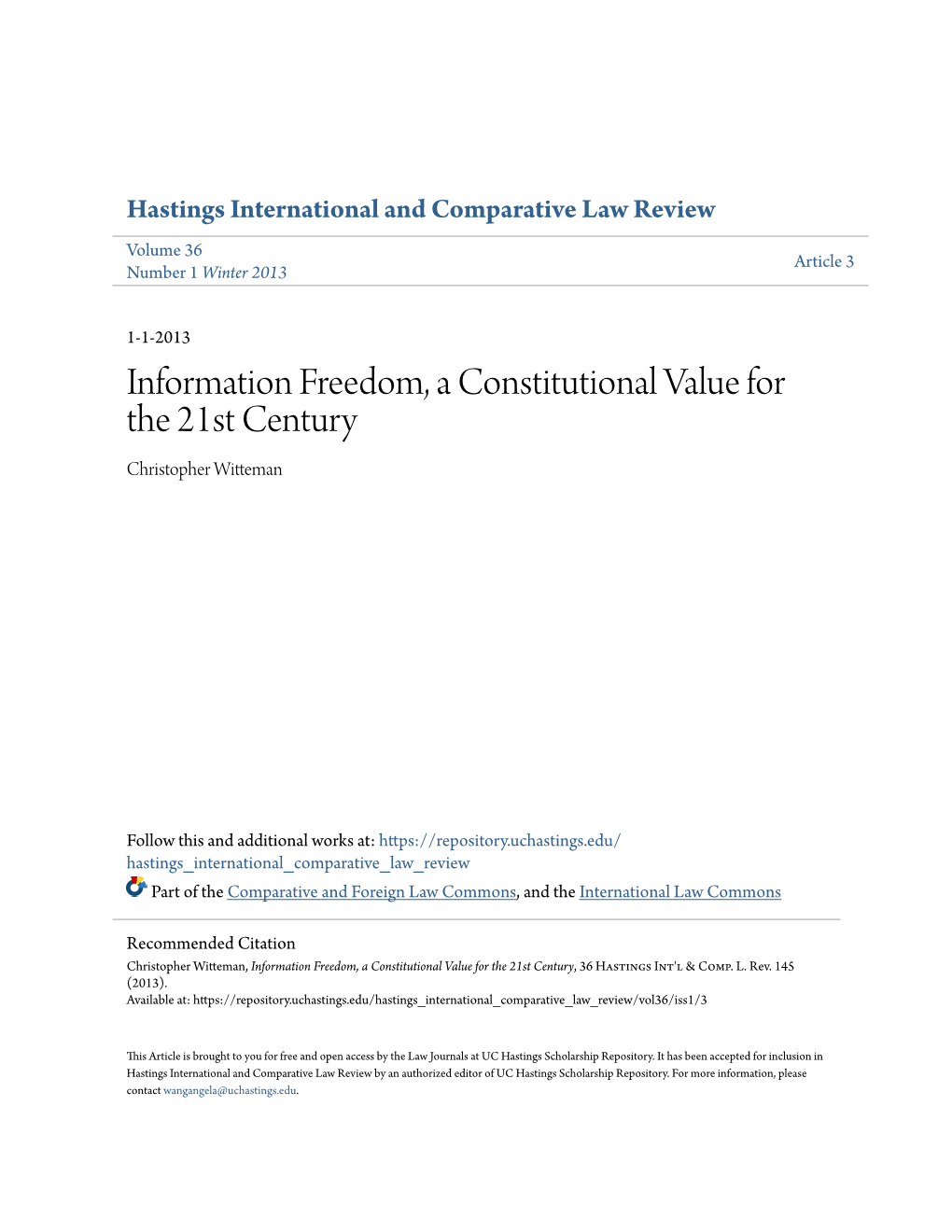 Information Freedom, a Constitutional Value for the 21St Century Christopher Witteman
