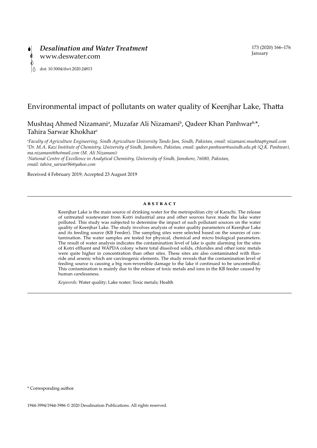 Environmental Impact of Pollutants on Water Quality of Keenjhar Lake, Thatta