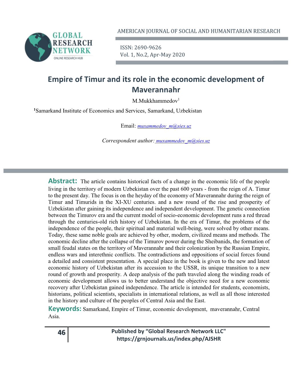 AJSHR, Vol. 1, No. 2, APR-MAY 2020 AMERICAN JOURNAL of SOCIAL and HUMANITARIAN RESEARCH