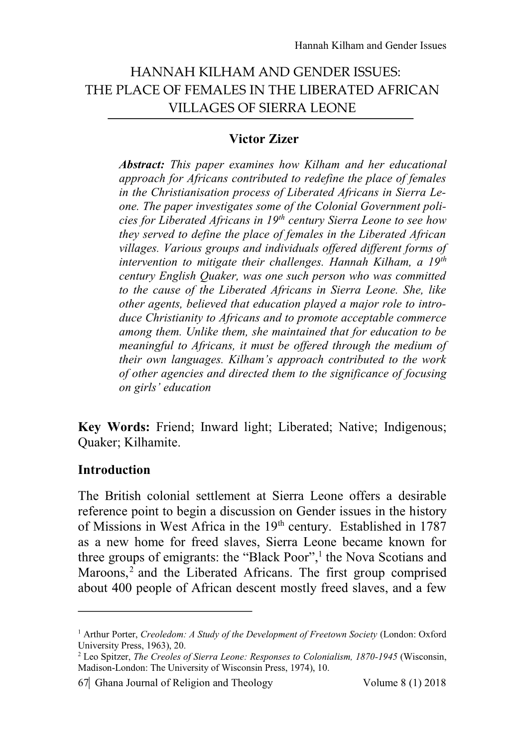 Hannah Kilham and Gender Issues: the Place of Females in the Liberated African Villages of Sierra Leone