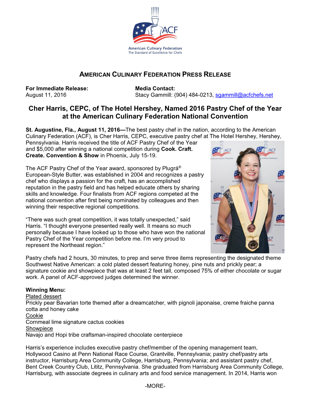Cher Harris, CEPC, of the Hotel Hershey, Named 2016 Pastry Chef of the Year at the American Culinary Federation National Convention