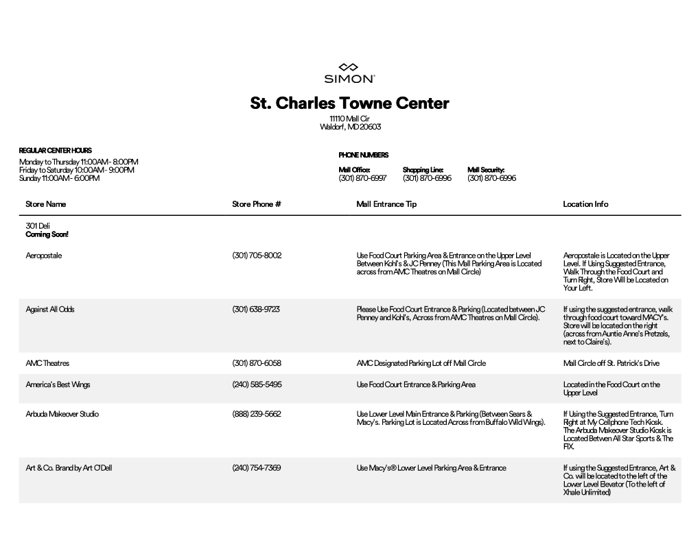 Complete List of Stores Located at St. Charles Towne Center