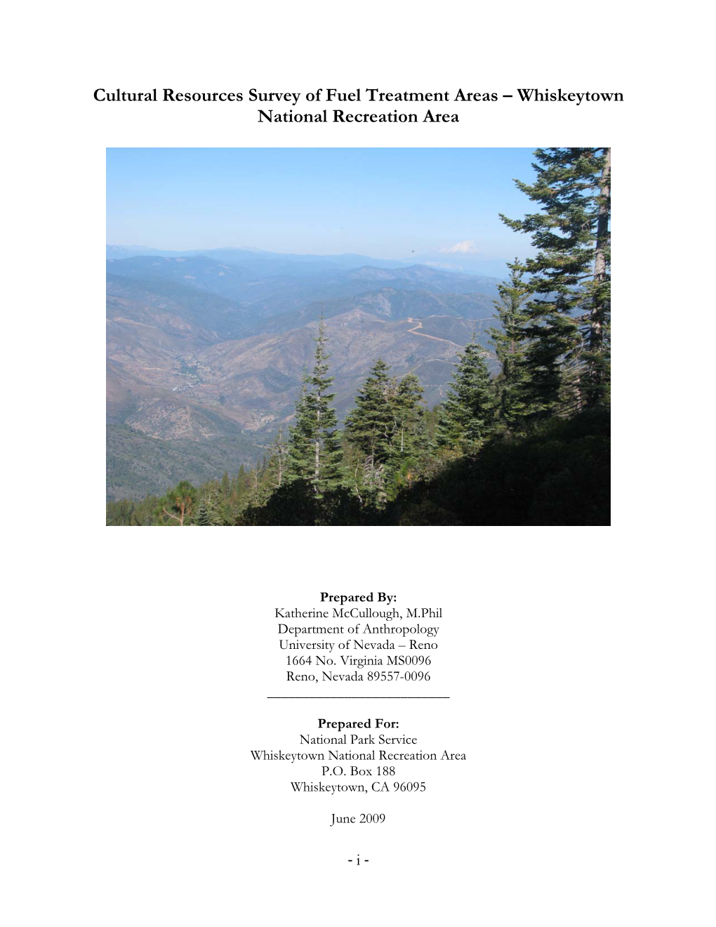 Cultural Resources Survey of Fuel Treatment Areas – Whiskeytown National Recreation Area