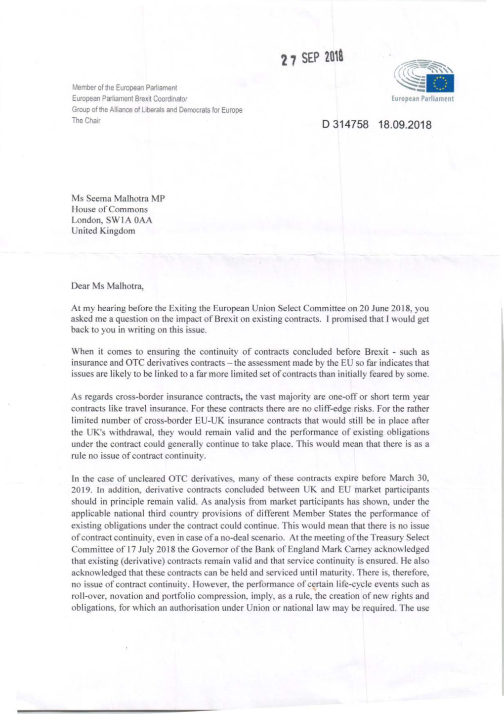 Letter from Guy Verhofstadt MEP to Seema Malhotra MP