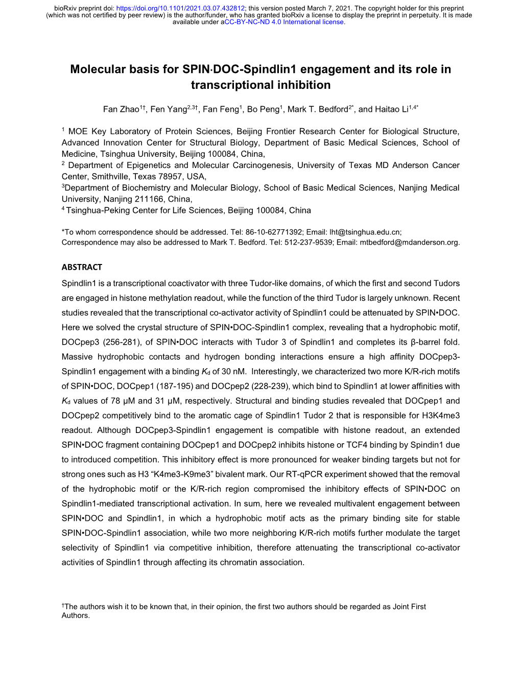 Molecular Basis for SPIN·DOC-Spindlin1 Engagement and Its Role in Transcriptional Inhibition