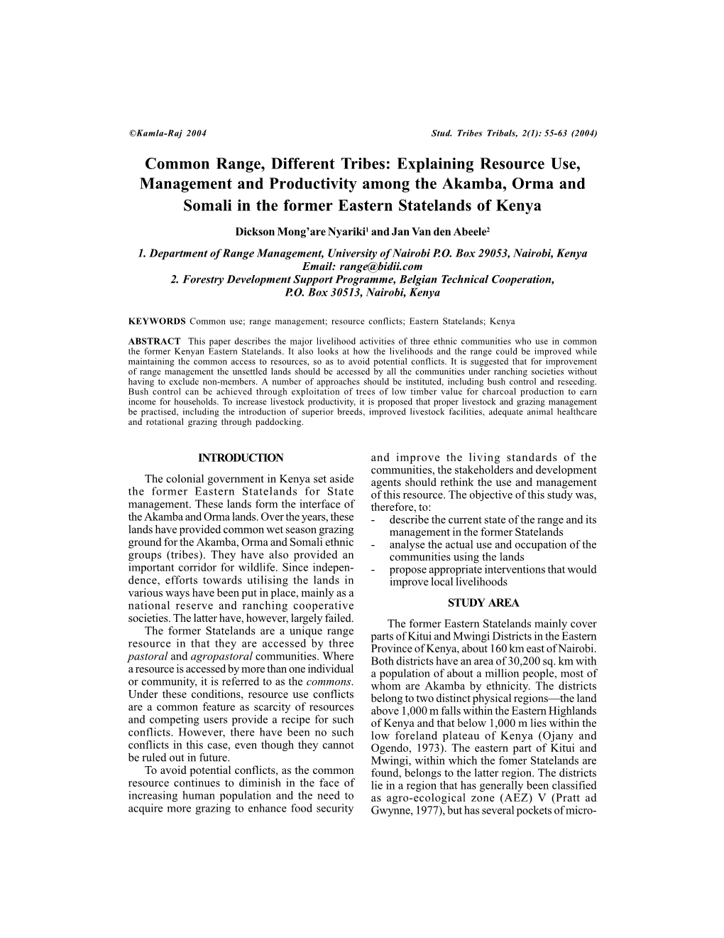 Explaining Resource Use, Management and Productivity Among the Akamba, Orma and Somali in the Former Eastern Statelands of Kenya