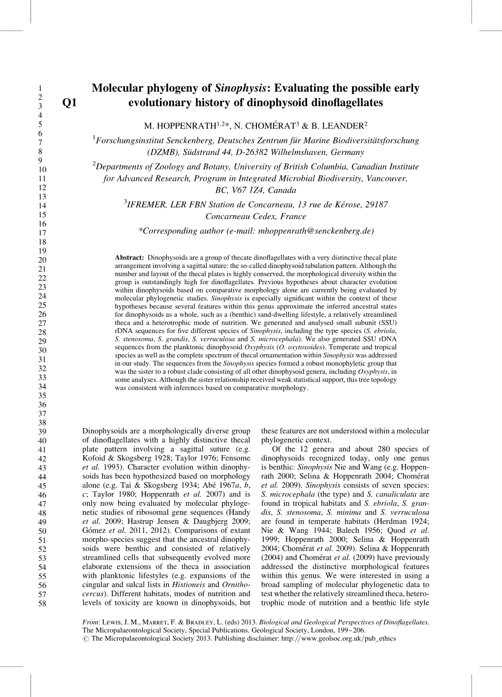 Molecular Phylogeny of Sinophysis: Evaluating the Possible Early 2 3 Q1 Evolutionary History of Dinophysoid Dinoﬂagellates 4 5 M