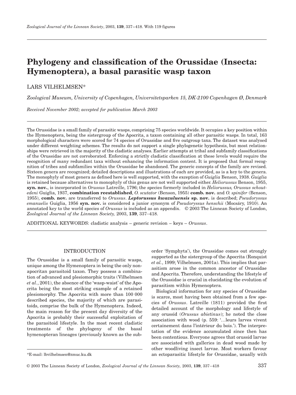 Phylogeny and Classification of the Orussidae