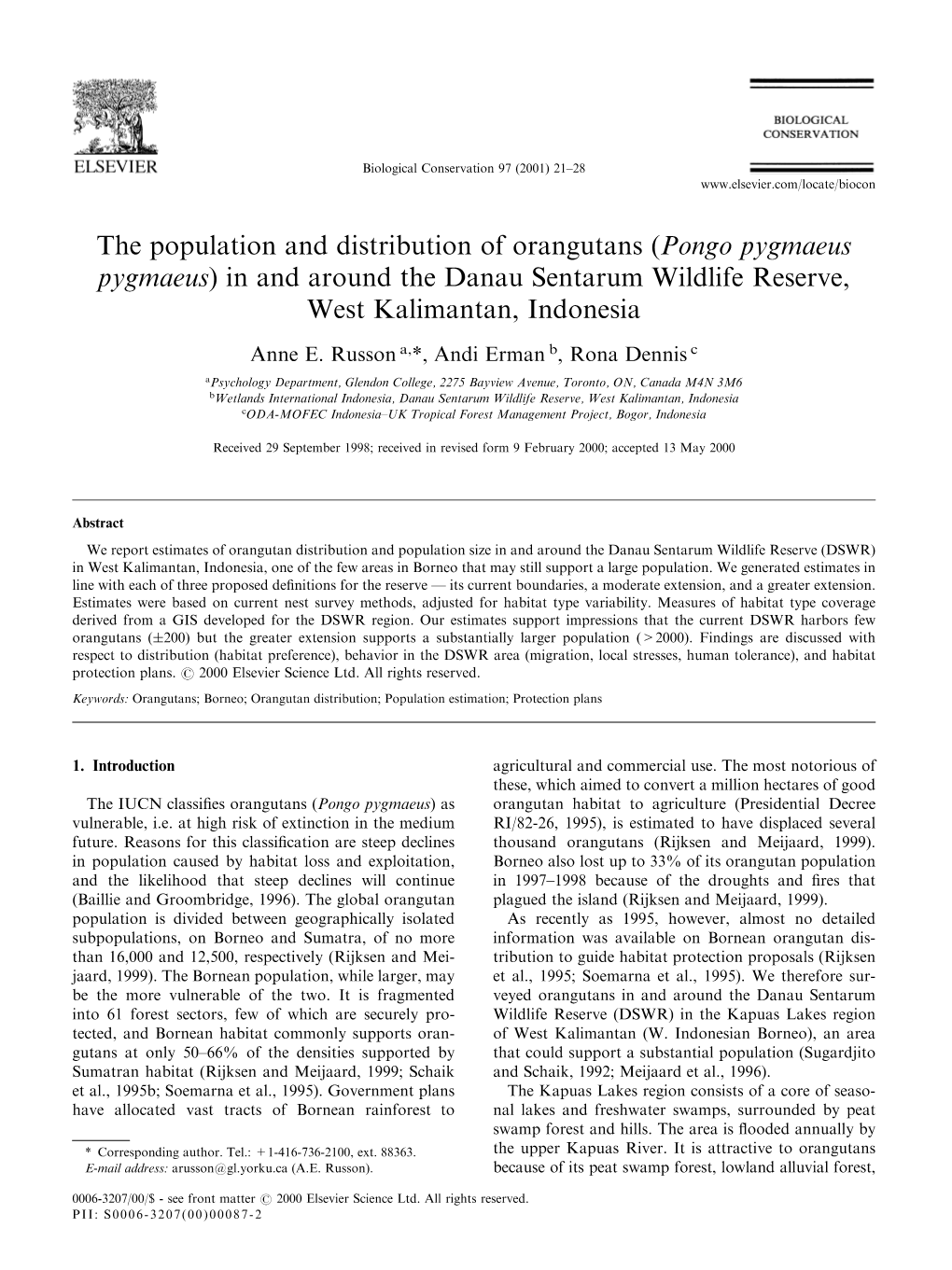 The Population and Distribution of Orangutans (Pongo Pygmaeus Pygmaeus) in and Around the Danau Sentarum Wildlife Reserve, West Kalimantan, Indonesia