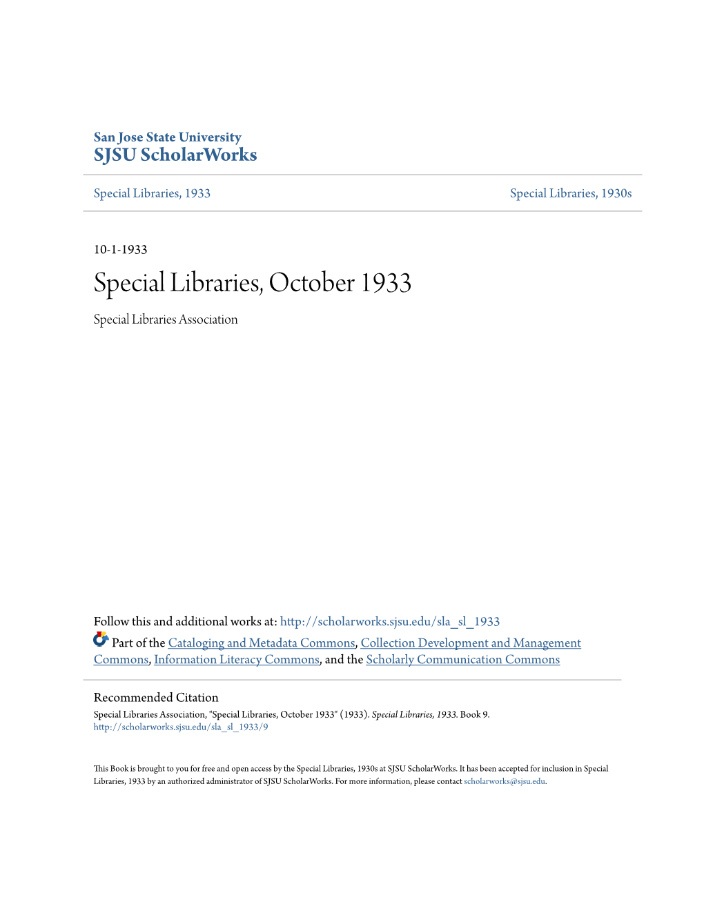 Special Libraries, October 1933 Special Libraries Association