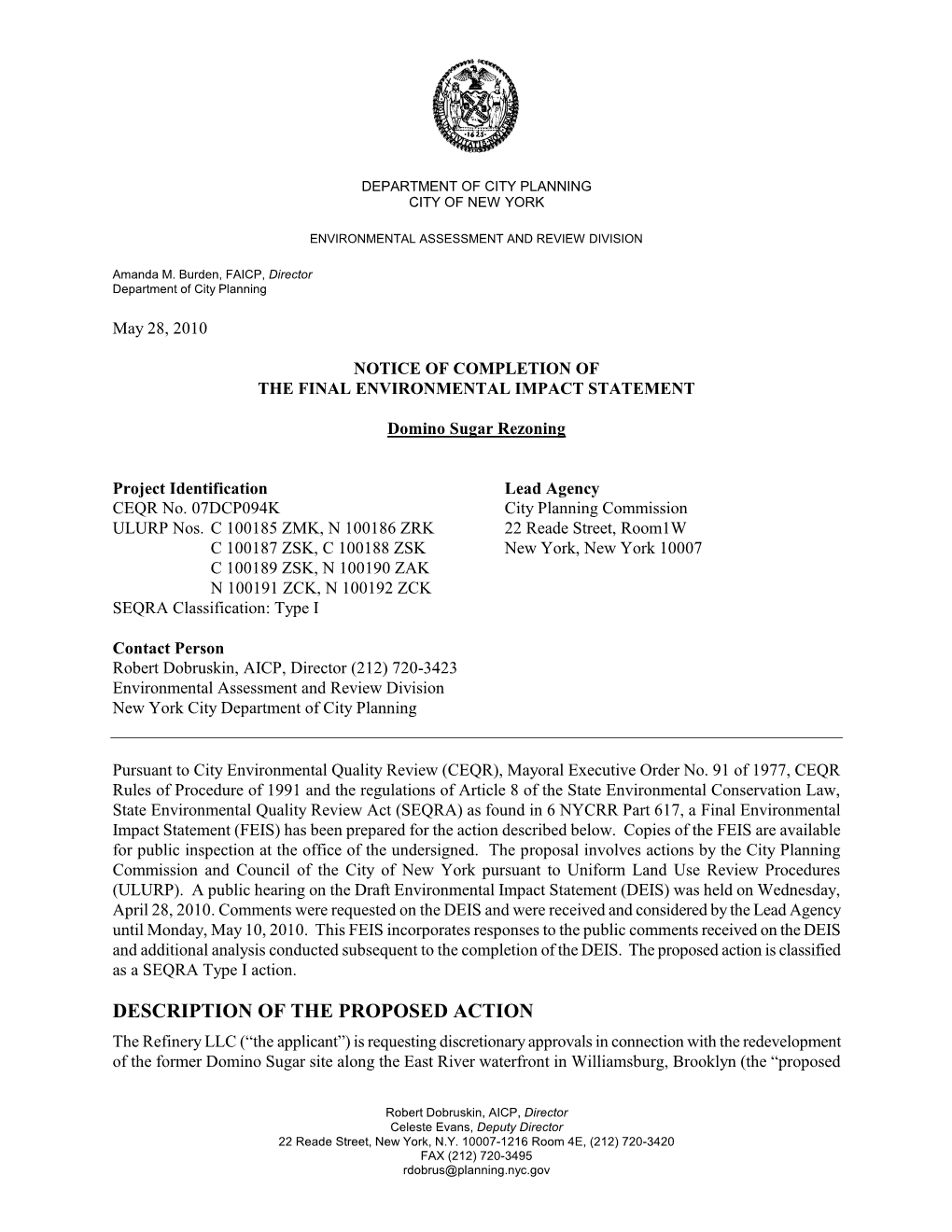 Notice of Completion of the Final Environmental Impact Statement