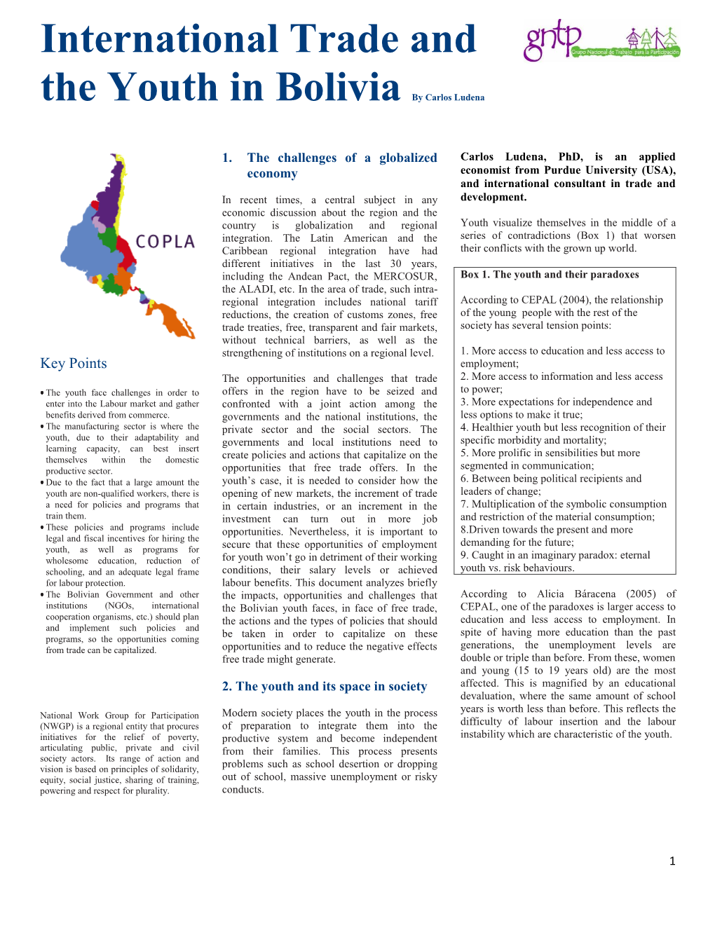 International Trade and the Youth in Bolivia by Carlos Ludena