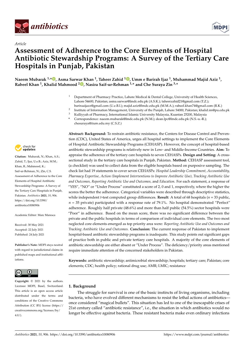 Assessment of Adherence to the Core Elements of Hospital Antibiotic Stewardship Programs: a Survey of the Tertiary Care Hospitals in Punjab, Pakistan