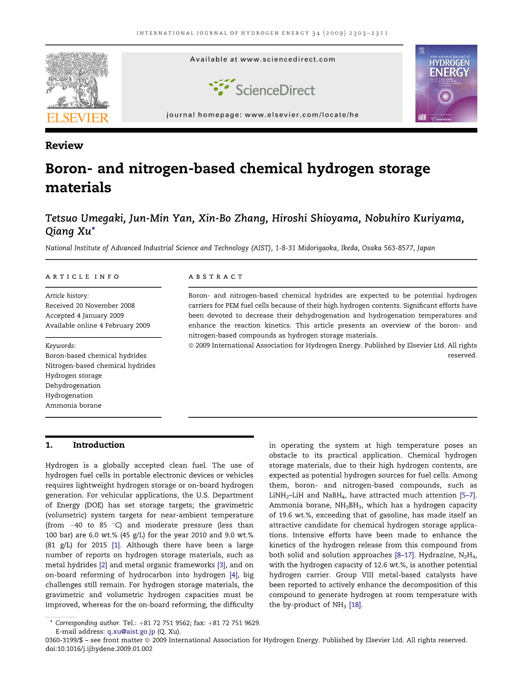 Boron- and Nitrogen-Based Chemical Hydrogen Storage Materials