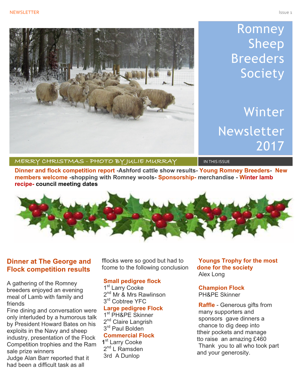 Romney Sheep Breeders Society Winter Newsletter 2017