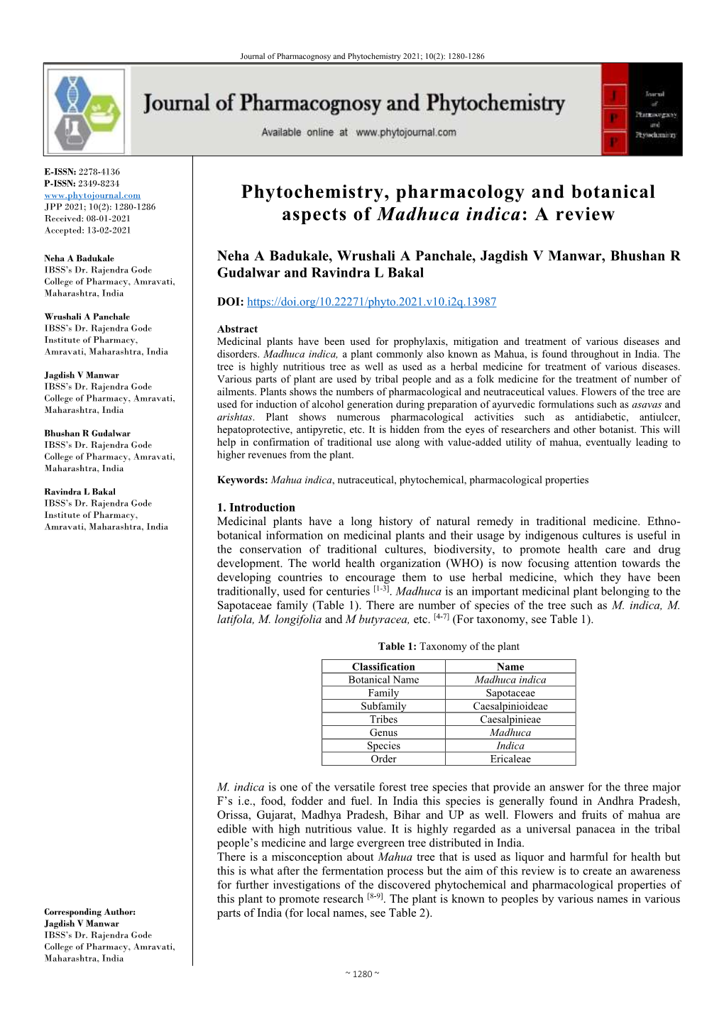 Phytochemistry, Pharmacology and Botanical Aspects of Madhuca Indica