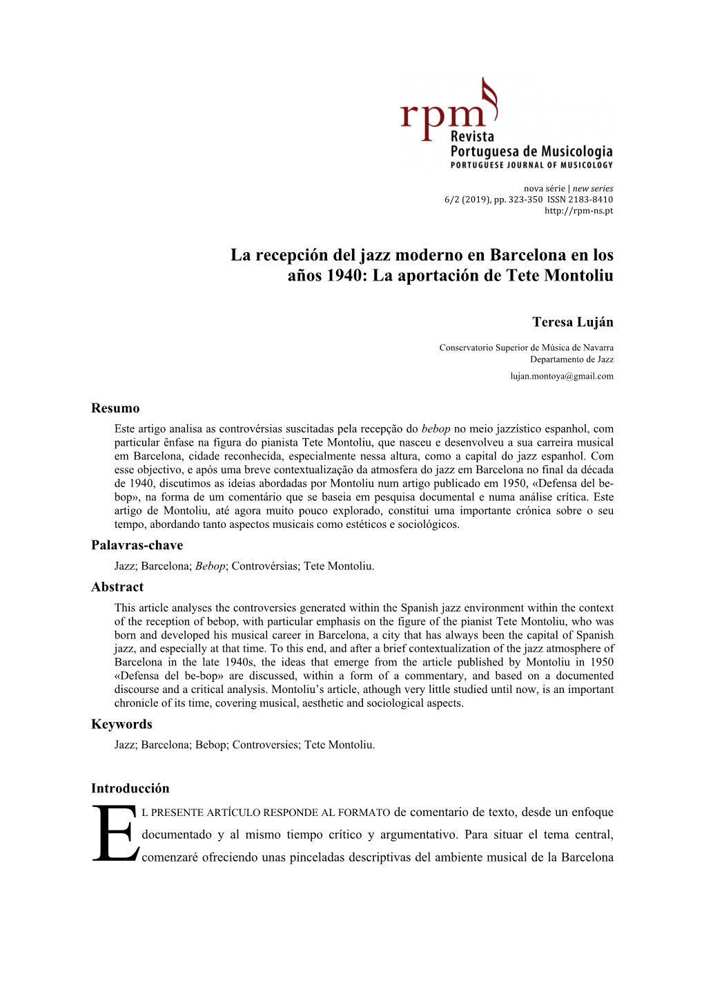 La Recepción Del Jazz Moderno En Barcelona En Los Años 1940: La Aportación De Tete Montoliu