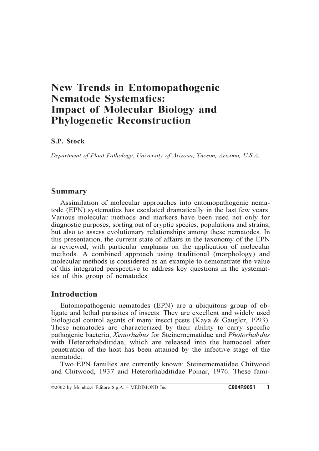 New Trends in Entomopathogenic Nematode Systematics: Impact of Molecular Biology and Phylogenetic Reconstruction