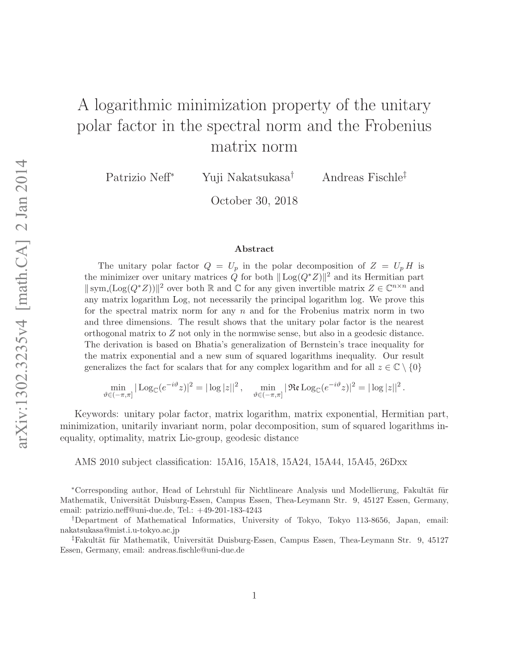 A Logarithmic Minimization Property of the Unitary Polar Factor in The