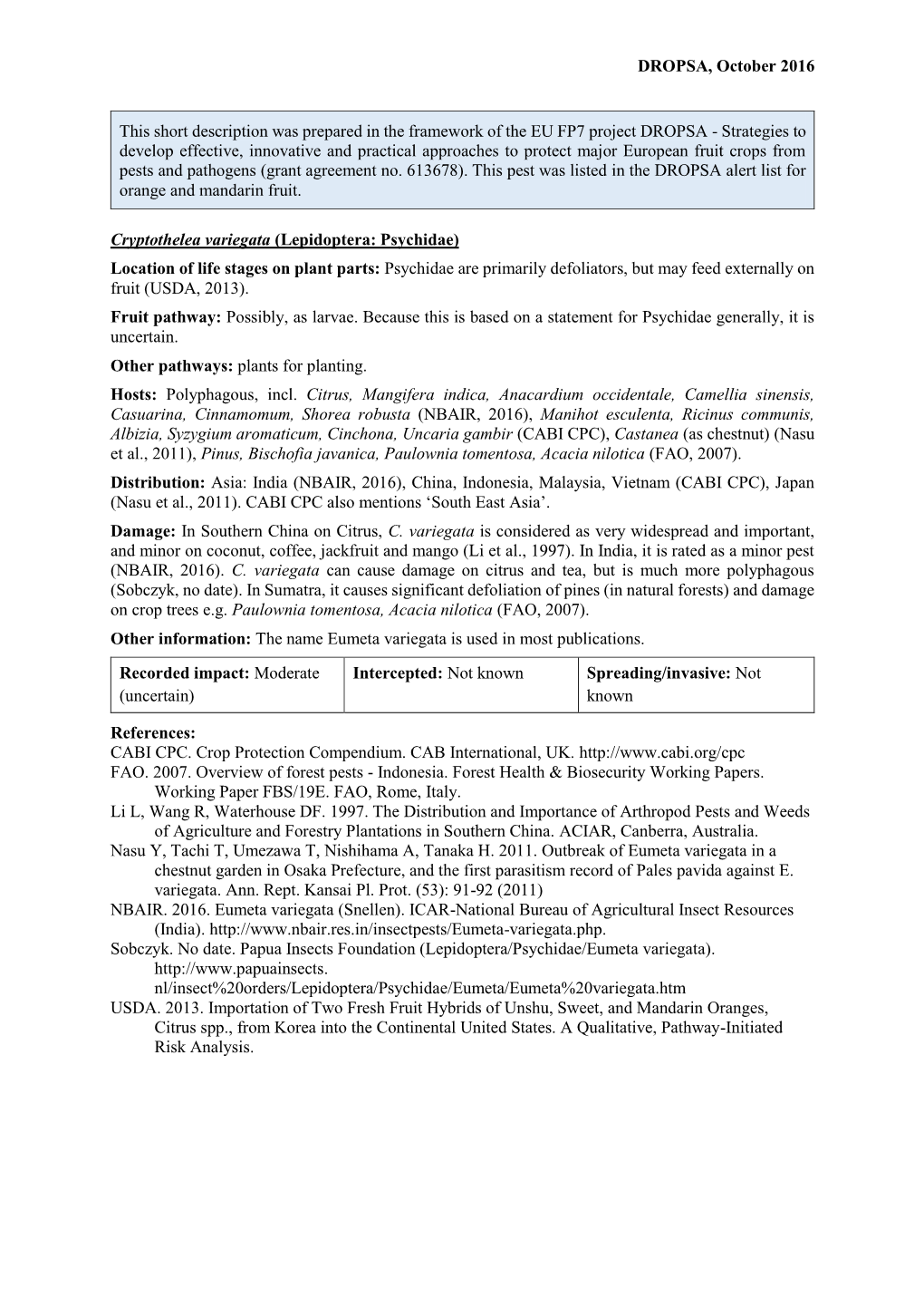 Mini Data Sheet on Cryptothelea Variegata (Publication Date: 2016)