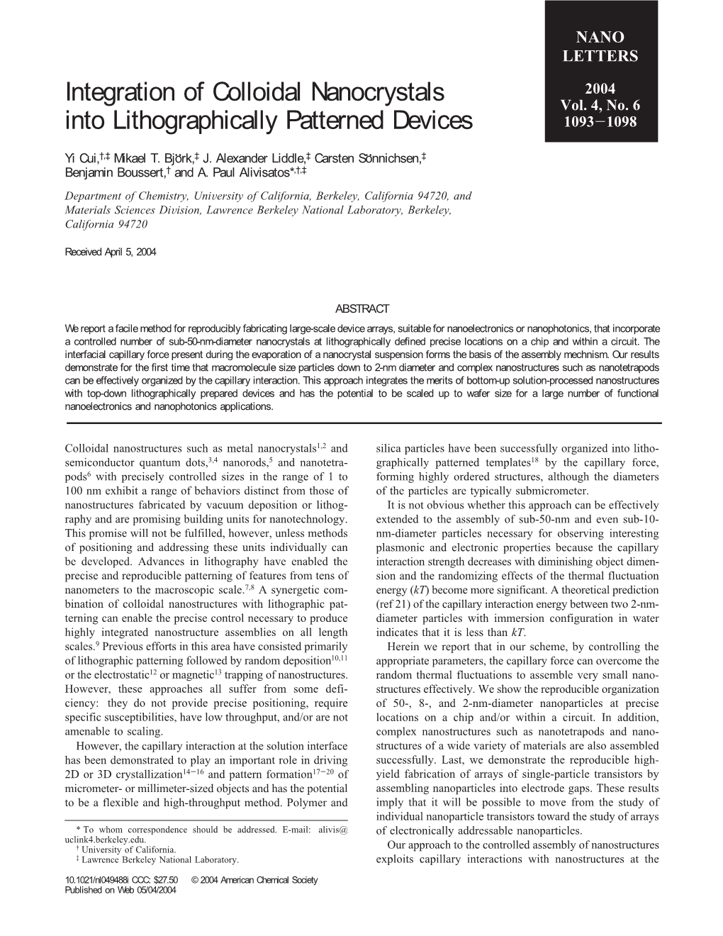 Integration of Colloidal Nanocrystals Into Lithographically Patterned