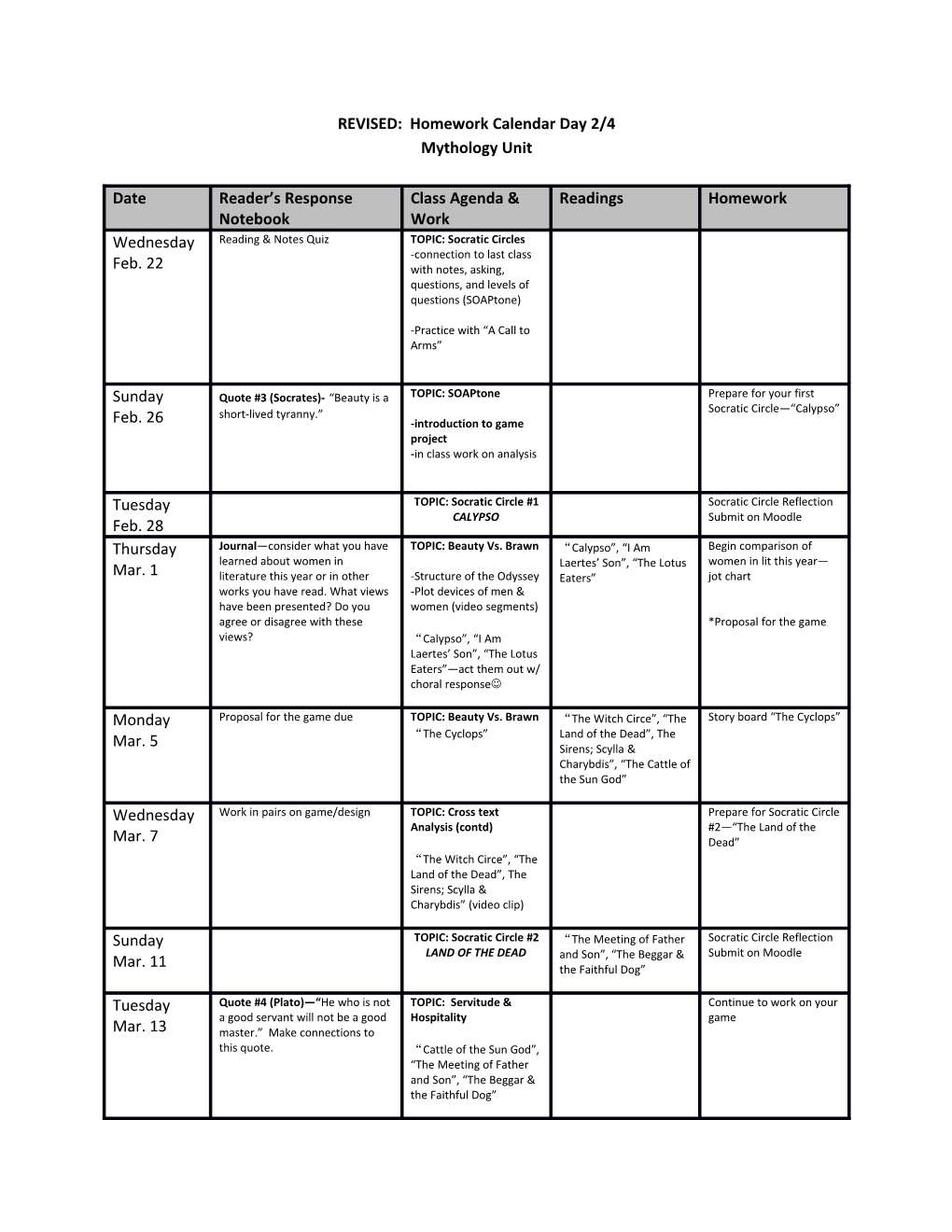 REVISED: Homework Calendar Day 2/4