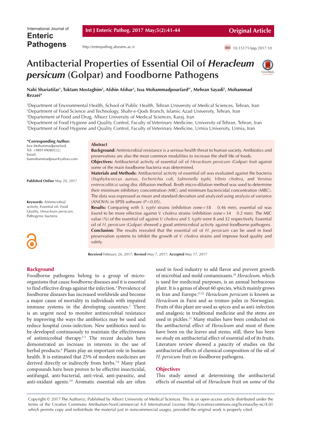 Antibacterial Properties of Essential Oil of Heracleum Persicum (Golpar) and Foodborne Pathogens