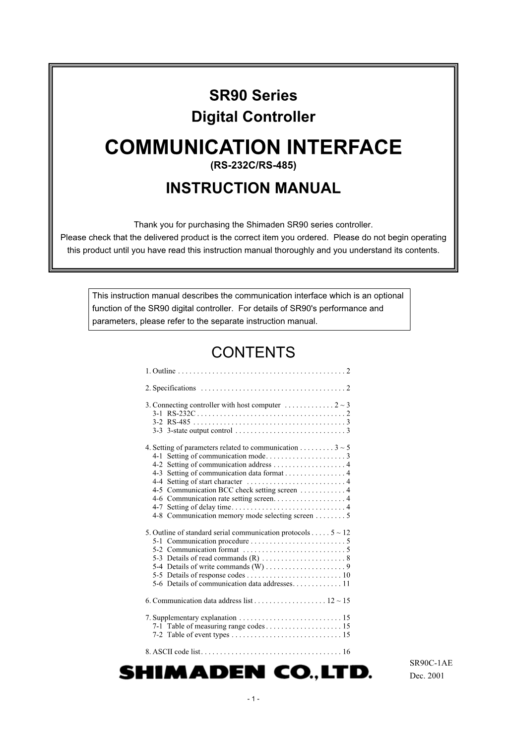 Communication Interface (Rs-232C/Rs-485) Instruction Manual